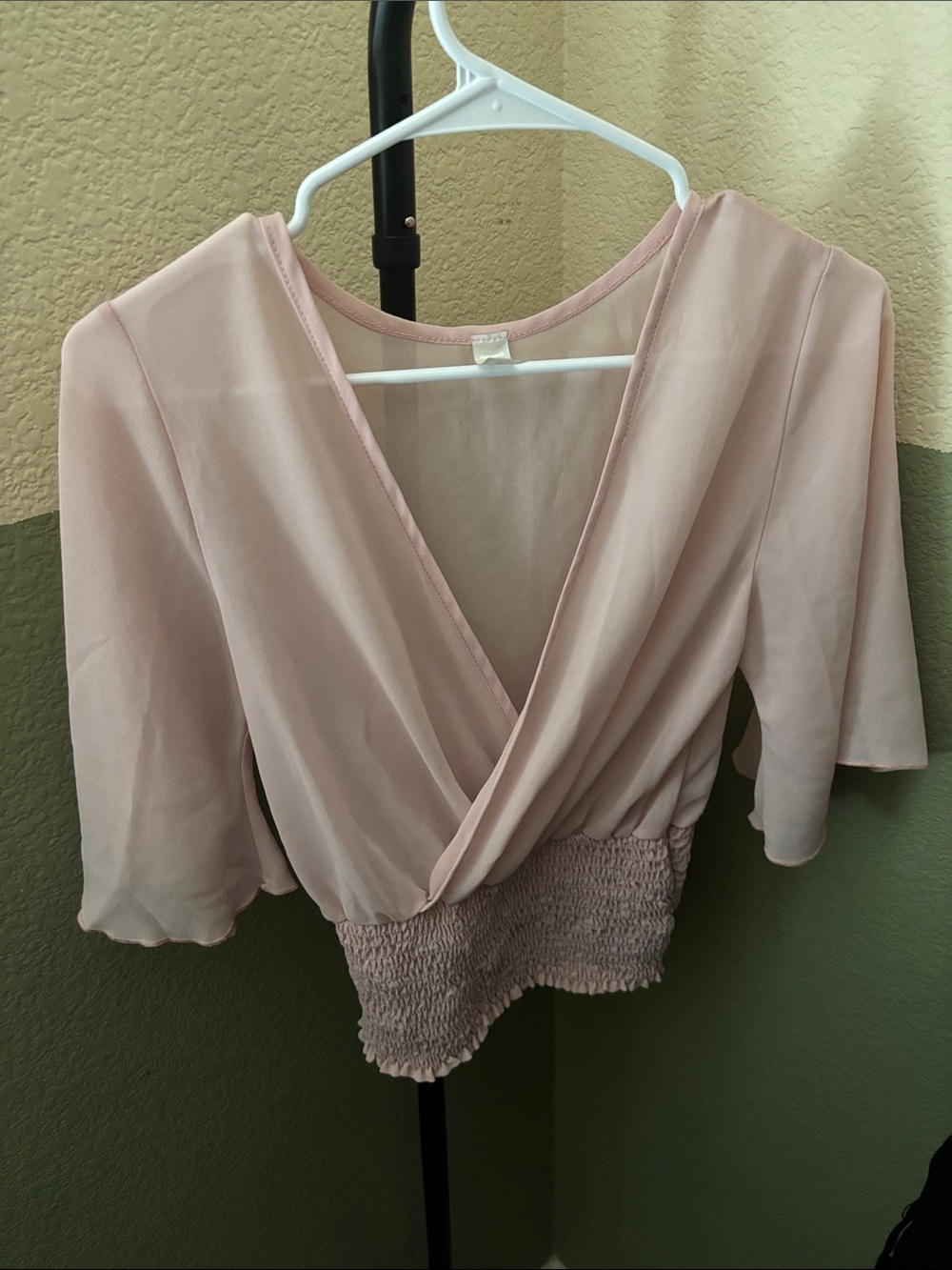 Draped V-Neck Smocked Waist Blouse in Blush Pink